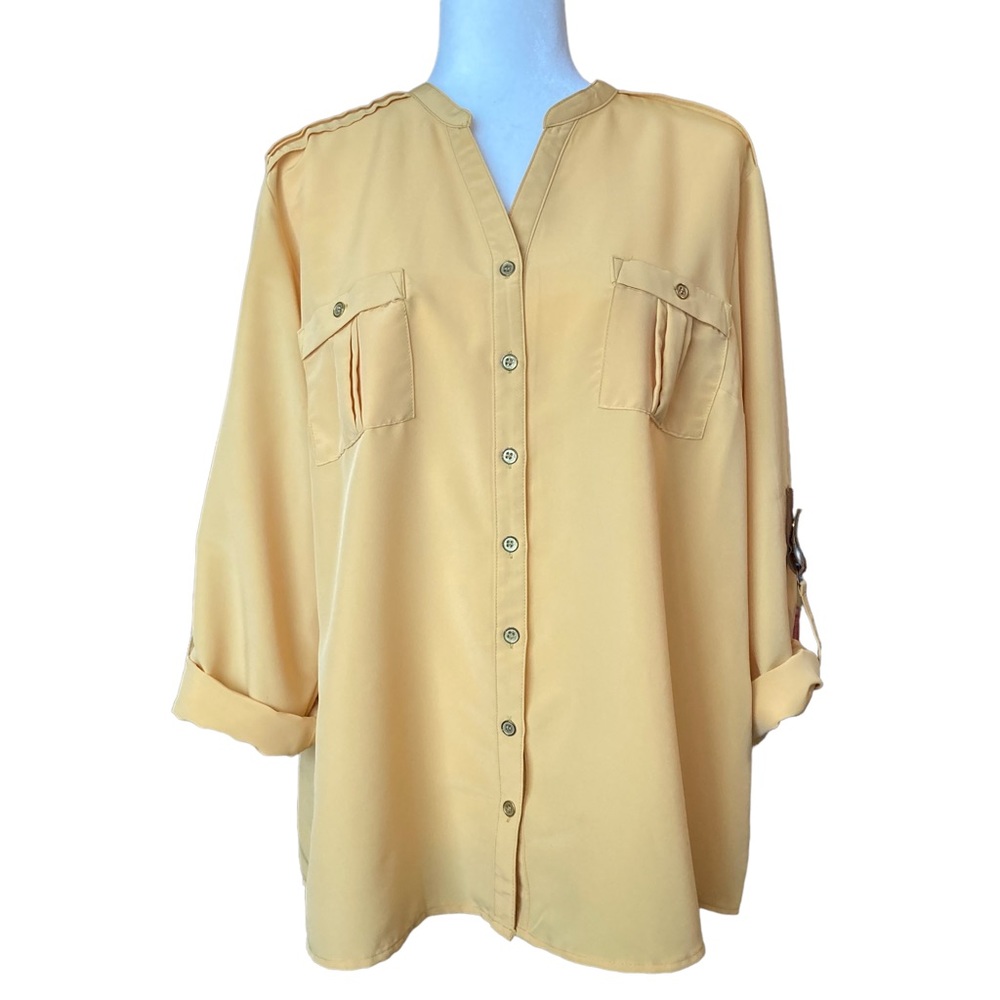 Kim Rogers mustard/gold long sleeve button down blouse, Sz XL